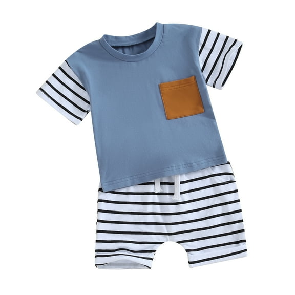 Musuos Baby Boys Shorts Set, 6 12 18 24M Short Sleeve Crew Neck T-shirt with Striped Shorts Summer Outfit
