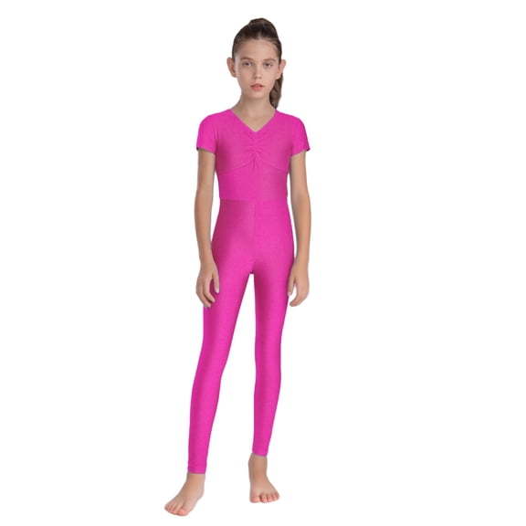 Sholeno Kids Girls Short Sleeve Full Body Unitard Gymnastics Leotard One Piece Ballet Dance Skating Bodysuit Hot Pink 16