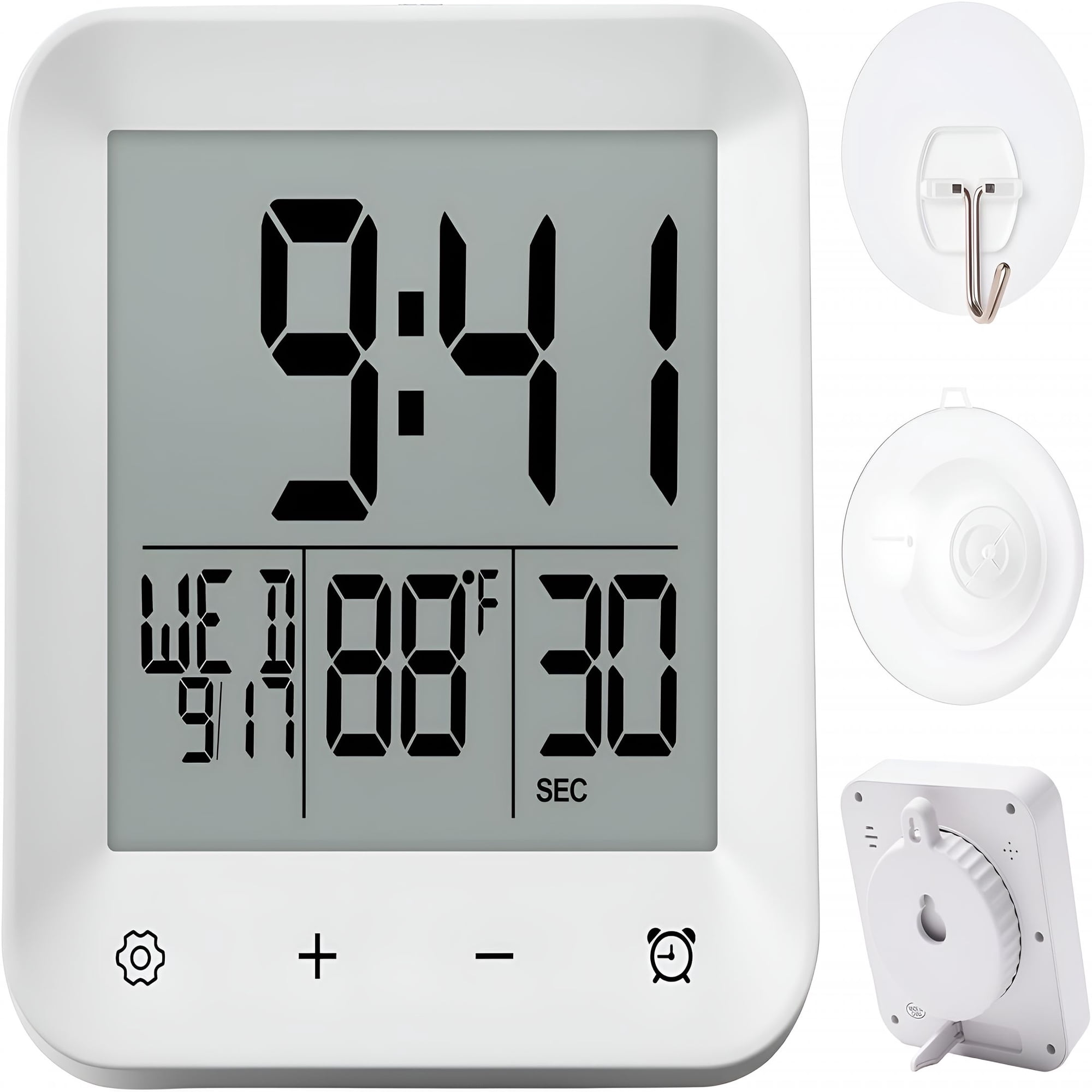 HIBIBUD Waterproof Shower Clock with Timer,Bathroom Wall Clock Displaying Temperature,Date & Day,Battery Operated LCD Digital Clock for Bath,Kitchen (White)