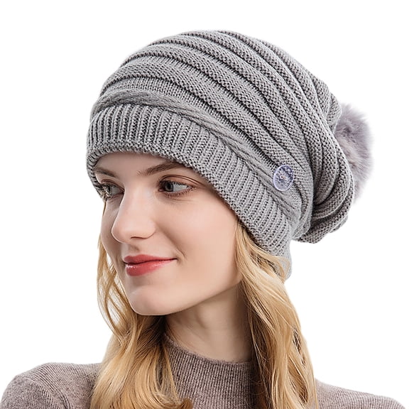 Wuphunn Womens Winter Knitted Beanie Hat Soft Slouchy Cuffed Toboggan Hats Y2k Thermal Hat Pompom Soft Warm Hat Thermal Beanie Winter Cap Gray One Size