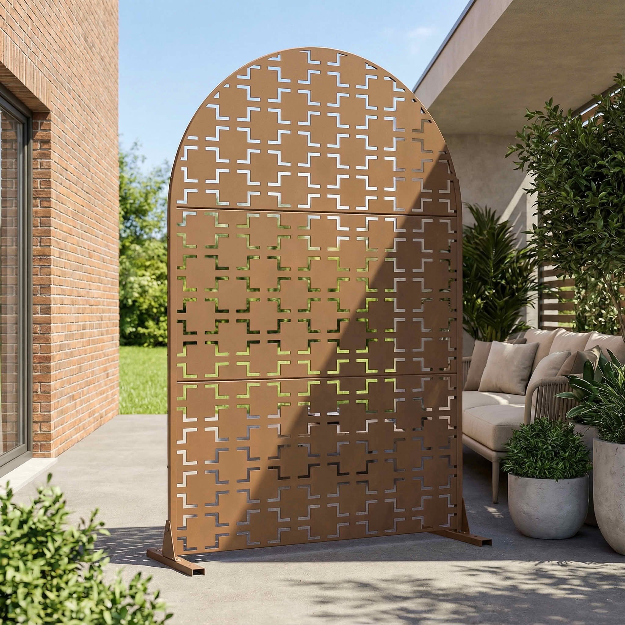 MAYEERTY 72x47x16 Inch Brown Arched Galvanized Steel Privacy Screen, 3 Piece Set for Outdoor Garden