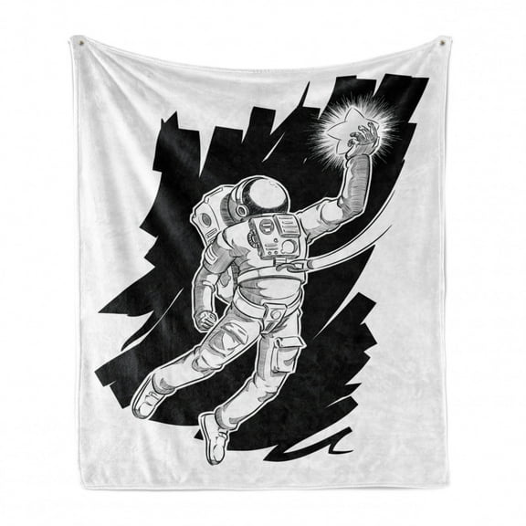 Astronaut Soft Flannel Fleece Throw Blanket, Sketch of Spaceman Grabbing a Star Achivement Discovery 0 Gravity Technology, Cozy Plush for Indoor and Outdoor Use, 70" x 90", Black White, by Ambesonne