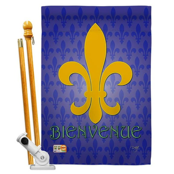 Breeze Decor BD-FU-HS-118009-IP-BO-D-US13-BD 28 x 40 in. Bienvenue Interests Fleur De Lys Impressions Decorative Vertical Double Sided House Flag Set with Pole Bracket & Hardware
