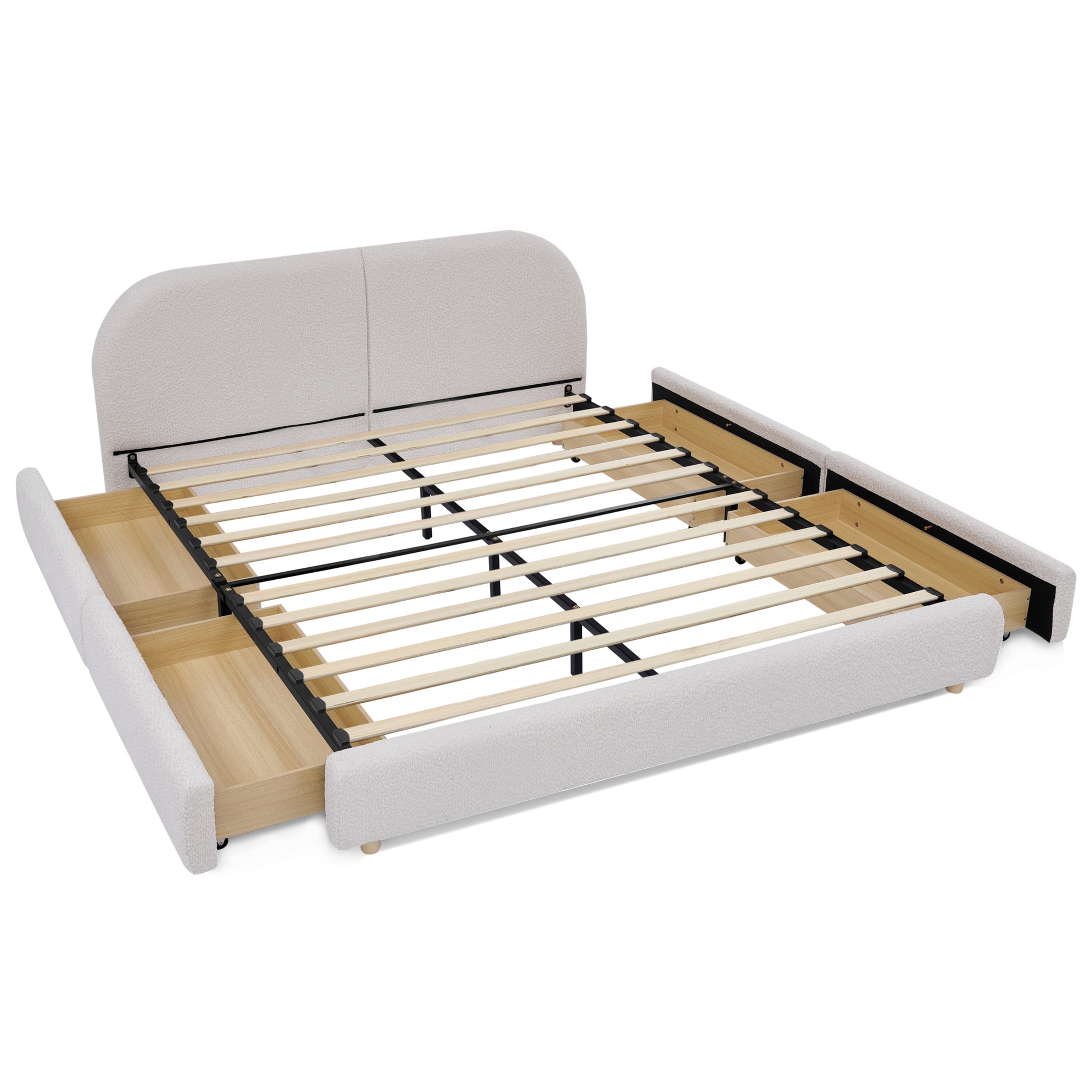 Noble House Elbert Queen Size Upholstered Bed Frame, Circle Yarn Tall Curved Headboard with Storage Drawers, Beige