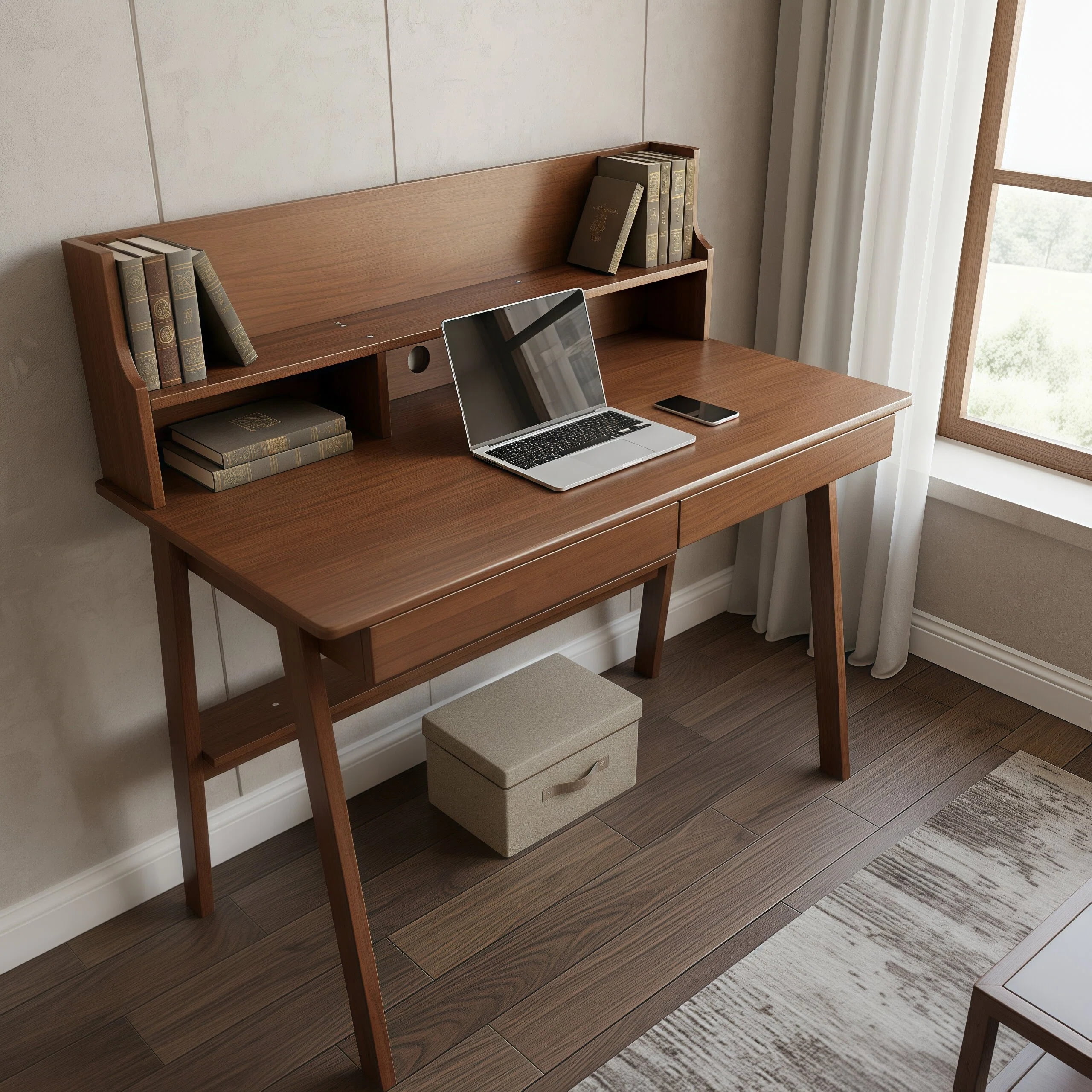 Desk Writing Computer Desk Mid Century Modern Home Office Table with Drawer for Bedroom, Solid Wood