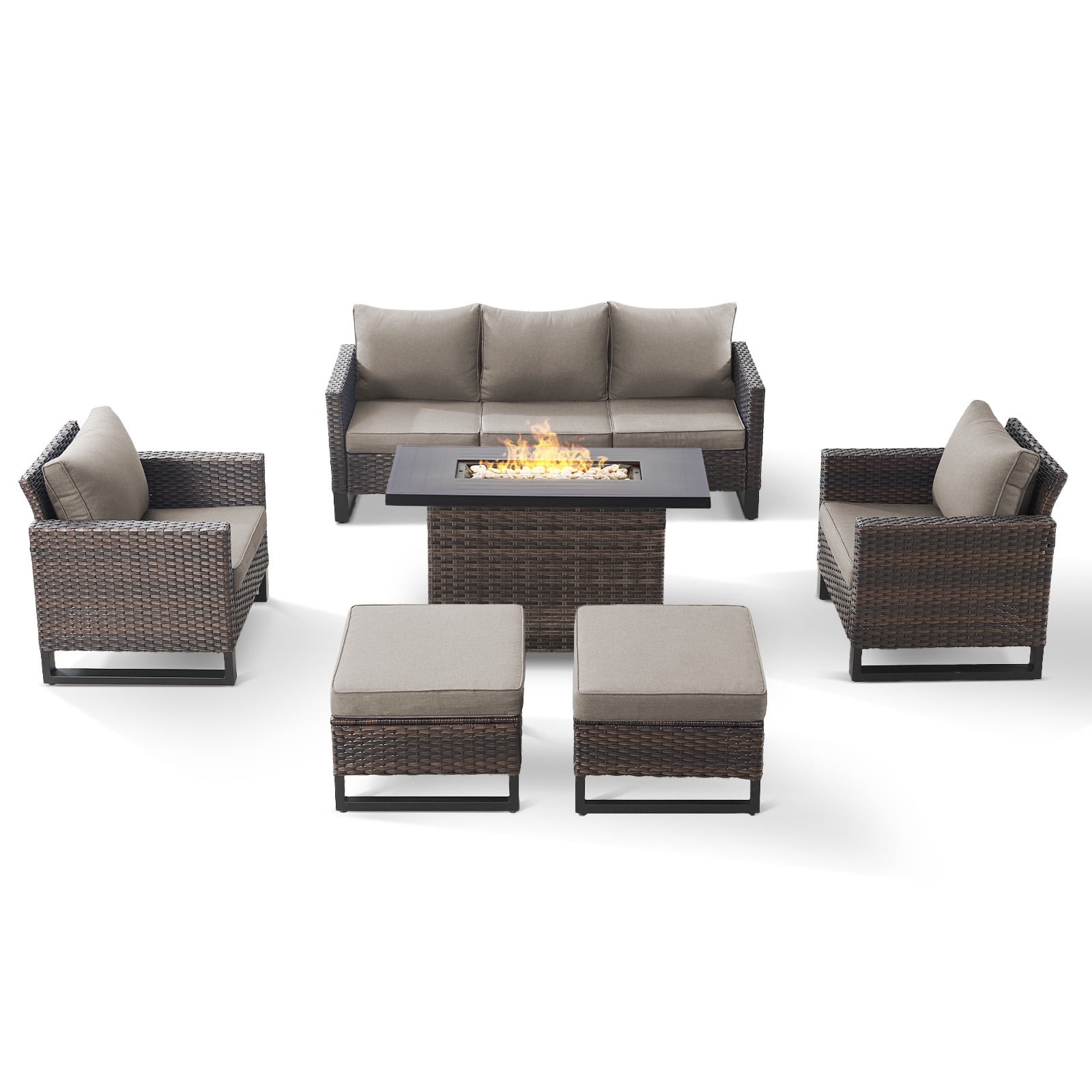 POCASSY 6PCS Outdoor Furniture Set with Fire Pit Table - All Weather Patio Conversation Set with Brown Wicker Outdoor Club Chairs and 41" Propane Firepit Table for Balcony, Porch, Garden - Brown