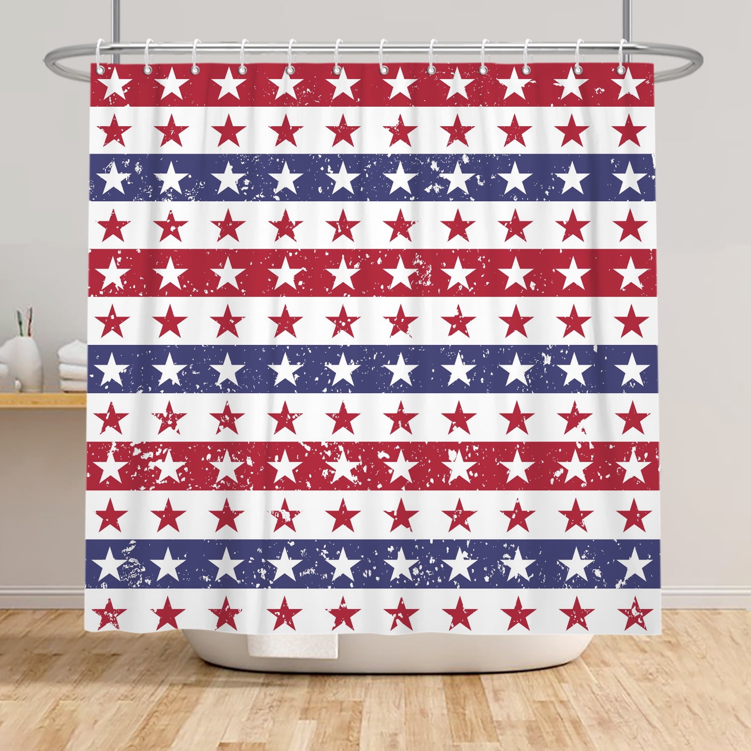 SUNOLIFE 4th of July Shower Curtain,Stripe Patriotic Independence Day Fabric Bathroom Curtain with Hooks,72x78 in