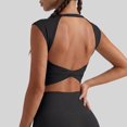 thumbnail image 2 of Open Back Tops for Women Cap Sleeve Cross Wrap Hem Cropped Slim Fit Workout Tees Built-in Bra Breathable Stretchy Fabric Athletic Shirts Gym Fitness Daily Summer Athleisure Wear Black S, 2 of 3