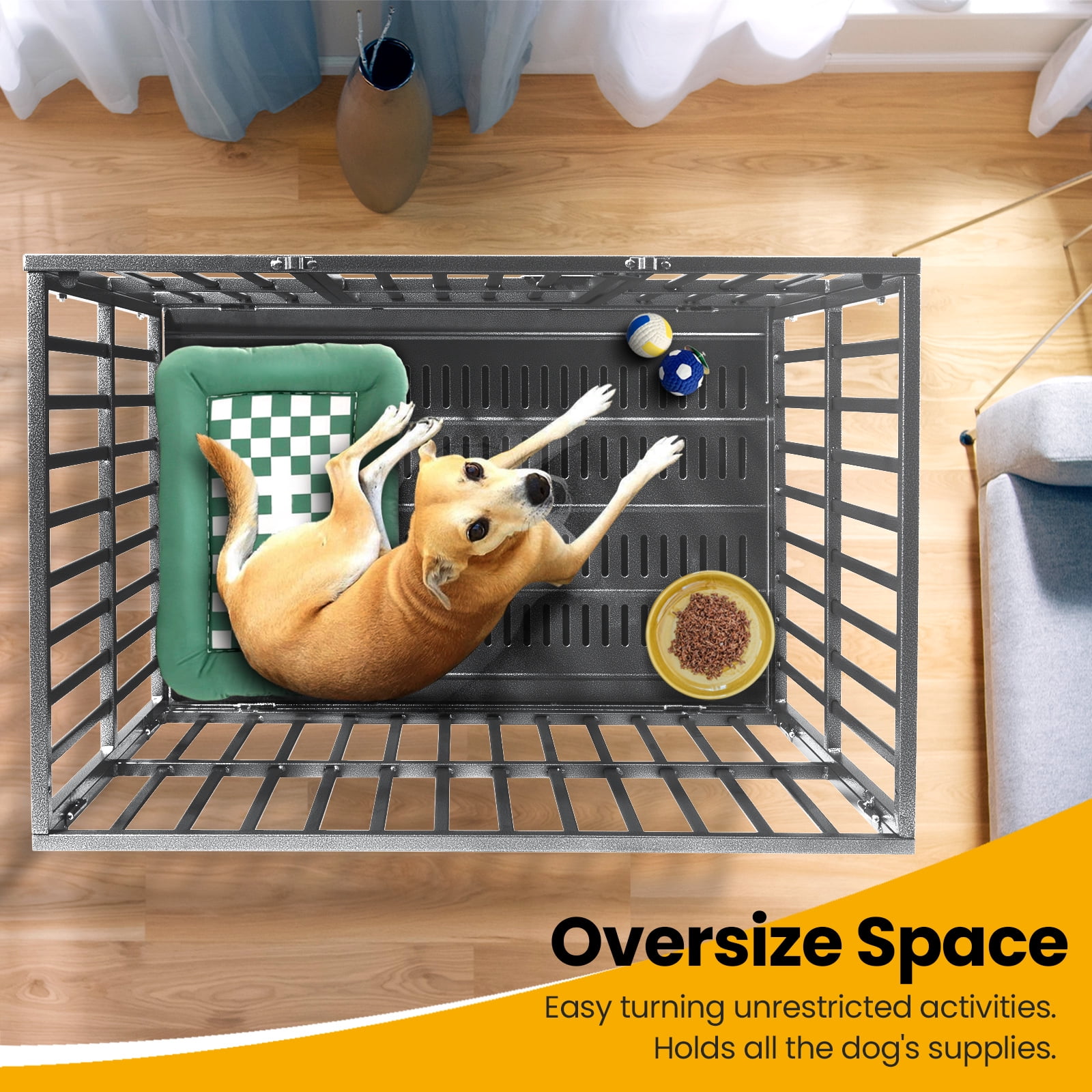 Heavy Duty Dog Crate With four Wheels, Dog Crates For Large Dogs, Double Door Strong Metal Dog Kennel With Removable Tray. Easily Removable Dog Cage For Travel And Transit. Apply For Indoor&Outdoor.