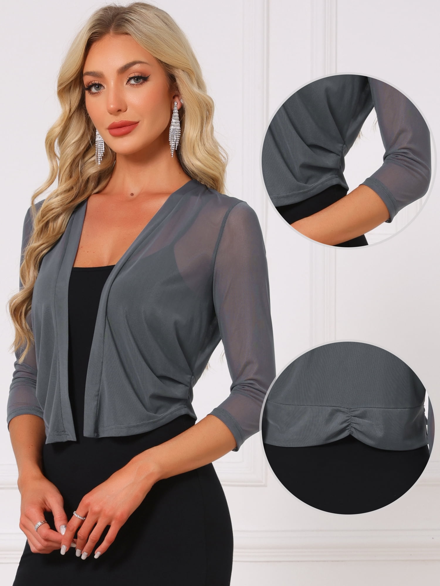 DARING DIVA Elegant Women's 3/4 Sleeve Sheer Mesh Cardigan Dresses S Gray