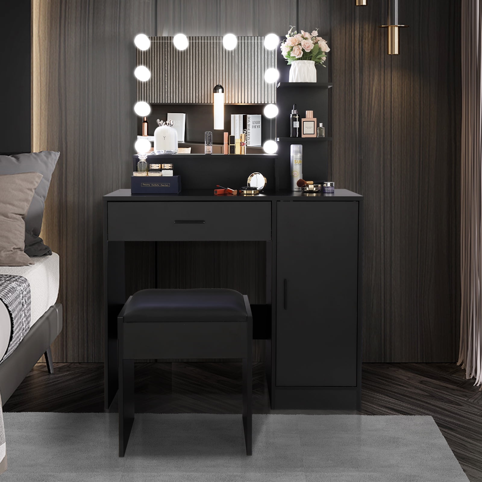YYAo Farmhouse Vanity Desk Set, Makeup with Lighted Mirror and Stool, Dressing Table with Drawers and Storage Shelves for Bedroom, Black YYAo Farmhouse Vanity Desk Set, Makeup with Lighted Mirror and Stool, Dressing Table with Drawers and Storage Shelves for Bedroom, Black