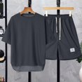 thumbnail image 2 of Puliio Men's Summer Waffle Knit Pajamas Set Short Sleeve Crew Neck Top & Shorts With Pockets Sleepwear Sets 2 Piece, 2 of 4