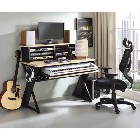 Desks: Modern Natural Oak Music Studio Desk with Keyboard Tray, Cable Management | Oak | Synthetic Wood