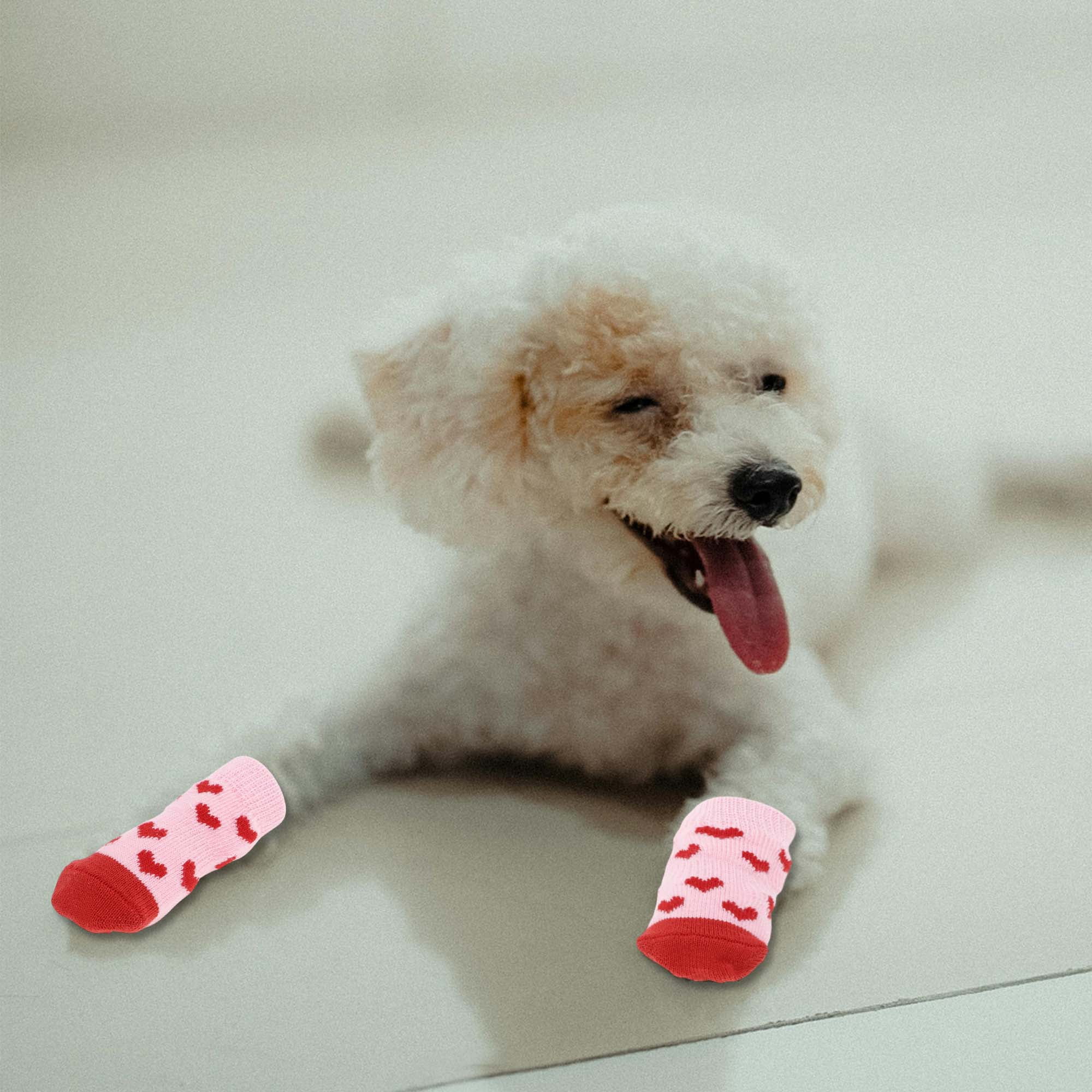 Unique Bargains Dog Socks Non-Slip Heart Pattern Socks 4 Pcs Pink S