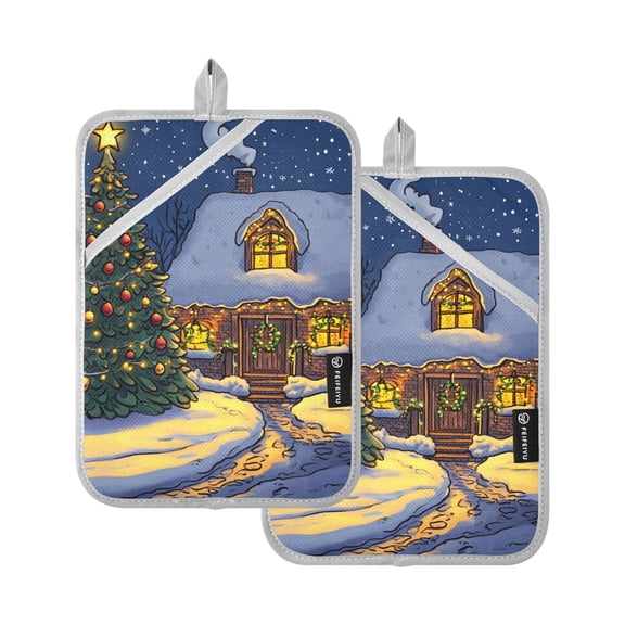 Christmas Tree Cozy Cabin in Snow Potholders Heat Resistant Pot Holder Set of 2 Oven Hot Pads with Pocket