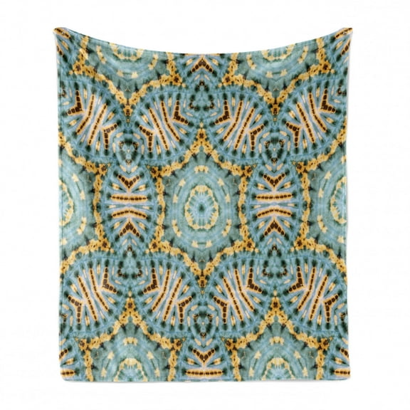 Boho Soft Flannel Fleece Throw Blanket, Boho Pattern with Odd Geometric Triangles Shapes Oriental Art Print, Cozy Plush for Indoor and Outdoor Use, 50" x 60", Blue Yellow, by Ambesonne