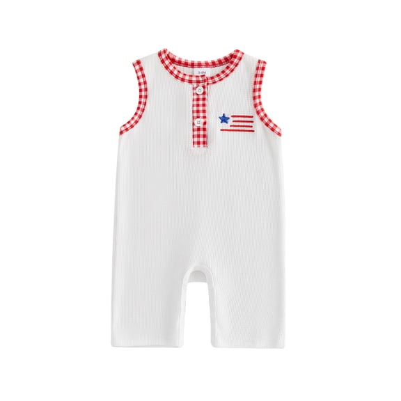 BemeyourBBs Newborn Baby Boy 4th of July Outfit Patriot Independent Day Clothes Fourth of July Baby Boys Waffled Romper Star Striped Embroidered Plaid Trim Button Sleeveless Jumpsuit