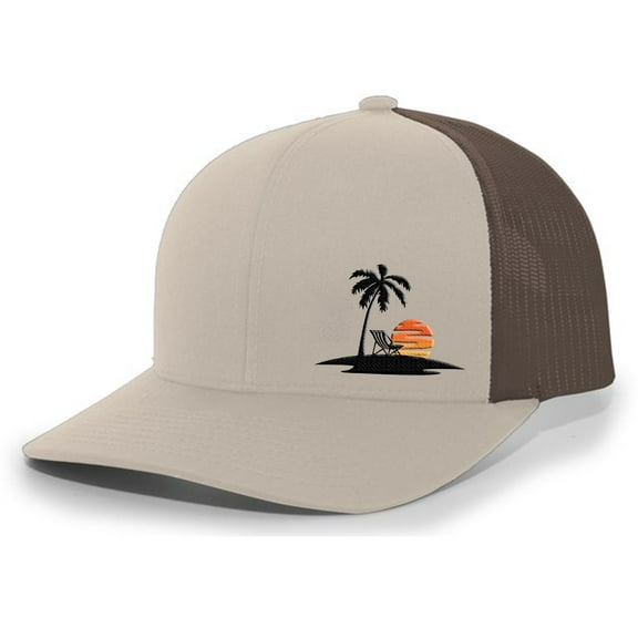 Tropical Palm Tree Sunset Beach Vacation Embroidered Mesh Back Trucker Hat, Khaki/Brown