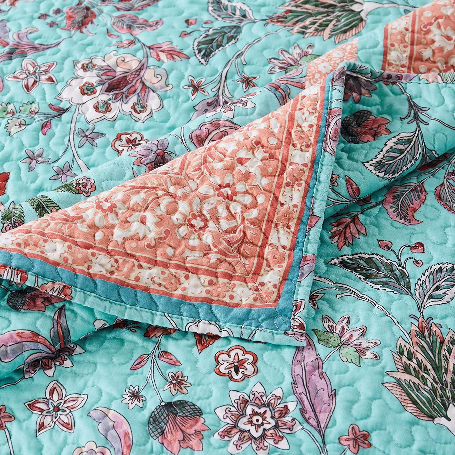 Barefoot Bungalow Audrey Vintage Floral Quilt Set, Reversibe, 3-Piece Full/Queen, Turquoise