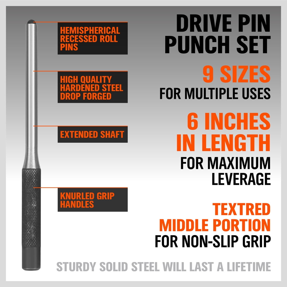 9pc Forged Steel Roll Pin Punch Set in Roll Up Case Rifle