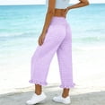 thumbnail image 2 of AKOEE Cute Summer Capris Plaid Print Smocked High Waist Wide Leg Capri Pants Pockets Ruffle Hem Casual Beach (XL, Purple), 2 of 7
