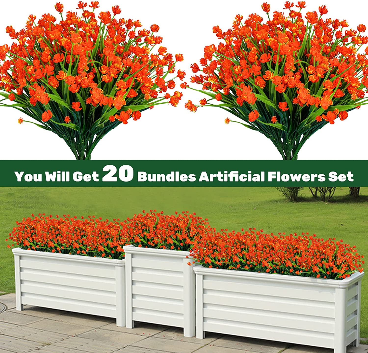 20pcs Artificial Fake Flowers,Plastic Flowers for Outdoor Decoration, UV Resistant Faux Flowers Shrubs, Artificial Plants for Indoor Outside Garden Home Wedding Farmhouse（5 Colors）