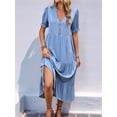 thumbnail image 5 of Womens Summer Casual Dresses Ruffle Short Sleeve V Neck Button Down Boho Beach A Line Flowy Tiered Dress Blue S, 5 of 8