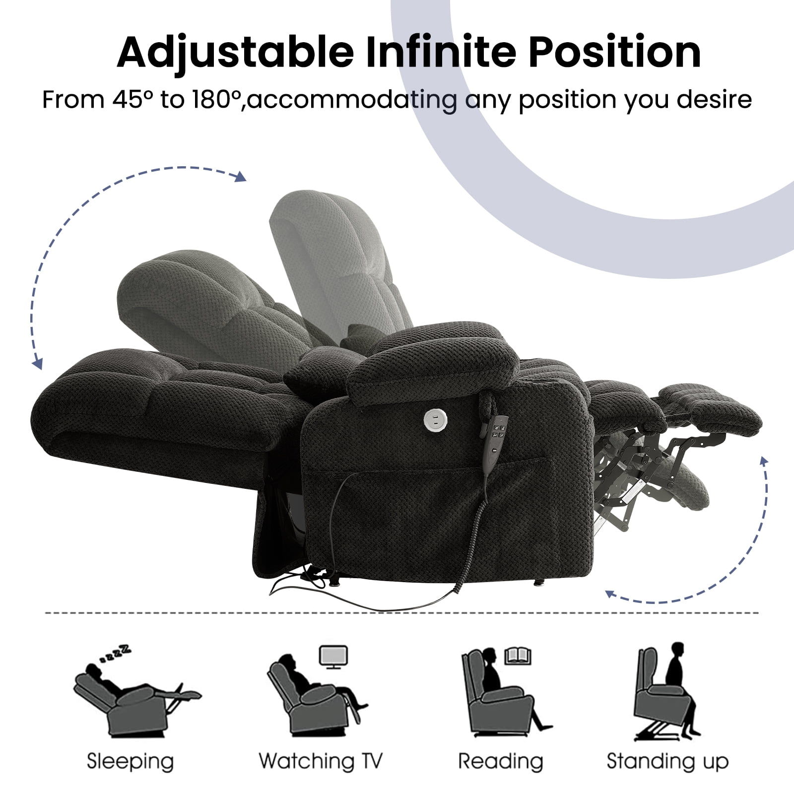 Oversized Power Lift Recliner Chair for Adults with Massage and Heat, Infinite Position Lay Flat Lift Chair for Elderly/Seniors, One-Touch Reset, USB&Type-C, Cup Holders, Lumbar Pillow, Dark Grey