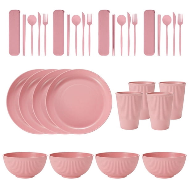 Nvzi Wheat Straw Dinnerware Sets, 32-Piece Plates and Bowls Sets, Cutlery, Microwave Safe Unbreakable Dinnerware for Parties, Picnic, College Dorm, Camping Light Pink