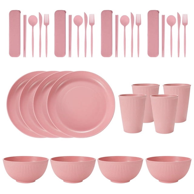 Nvzi Wheat Straw Dinnerware Sets, 32-Piece Plates and Bowls Sets, Cutlery, Microwave Safe Unbreakable Dinnerware for Parties, Picnic, College Dorm, Camping Light Pink