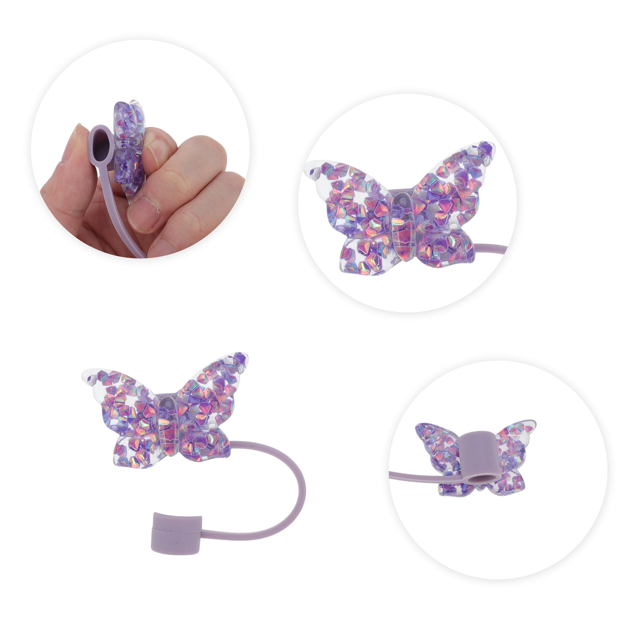 Unique Bargains Sparkling Butterfly Straw Cover Cap Set of 4 Purple