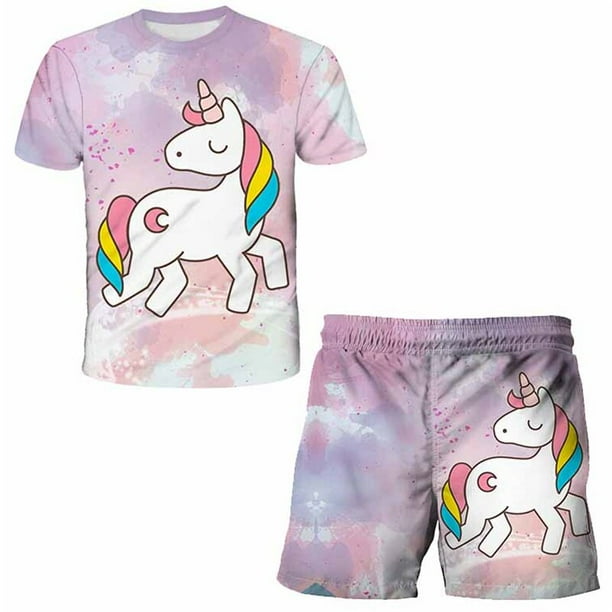 Traje de unicornio de moda para niña, conjunto de ropa informal de verano, pantalones cortos, conjunto de ropa de bebé de 2 uds para niños, trajes de unicornio, ropa para niños 13T Gao Jinjia LED