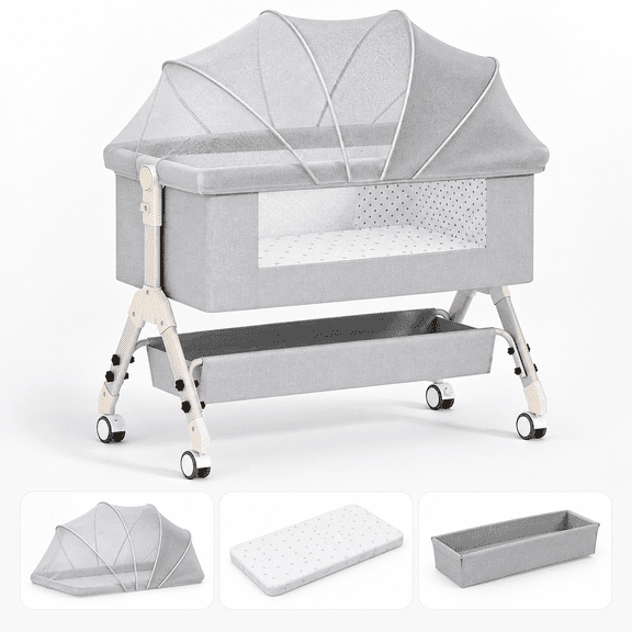 4 in 1 Baby Bassinet, Bedside Bassinet & Baby crib for Baby,Portable Bedside Sleeper Rocking Crib with Wheels, Mosquito Net & Storage Basket,Gray