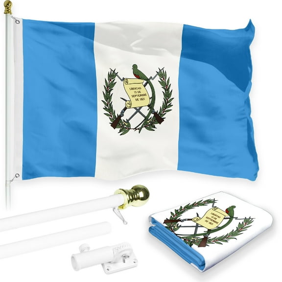 G128 Combo Pack: 6 Feet Tangle Free Spinning Flagpole (White) Guatemala Guatemalan Flag 3x5 ft Printed 150D Brass Grommets (Flag Included) Aluminum Flag Pole