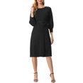 thumbnail image 2 of INSPIRE CHIC Women's Dress Knit Crew Neck Lantern 3/4 Sleeve Belted Pleated Hem Dresses​ XS Black, 2 of 6