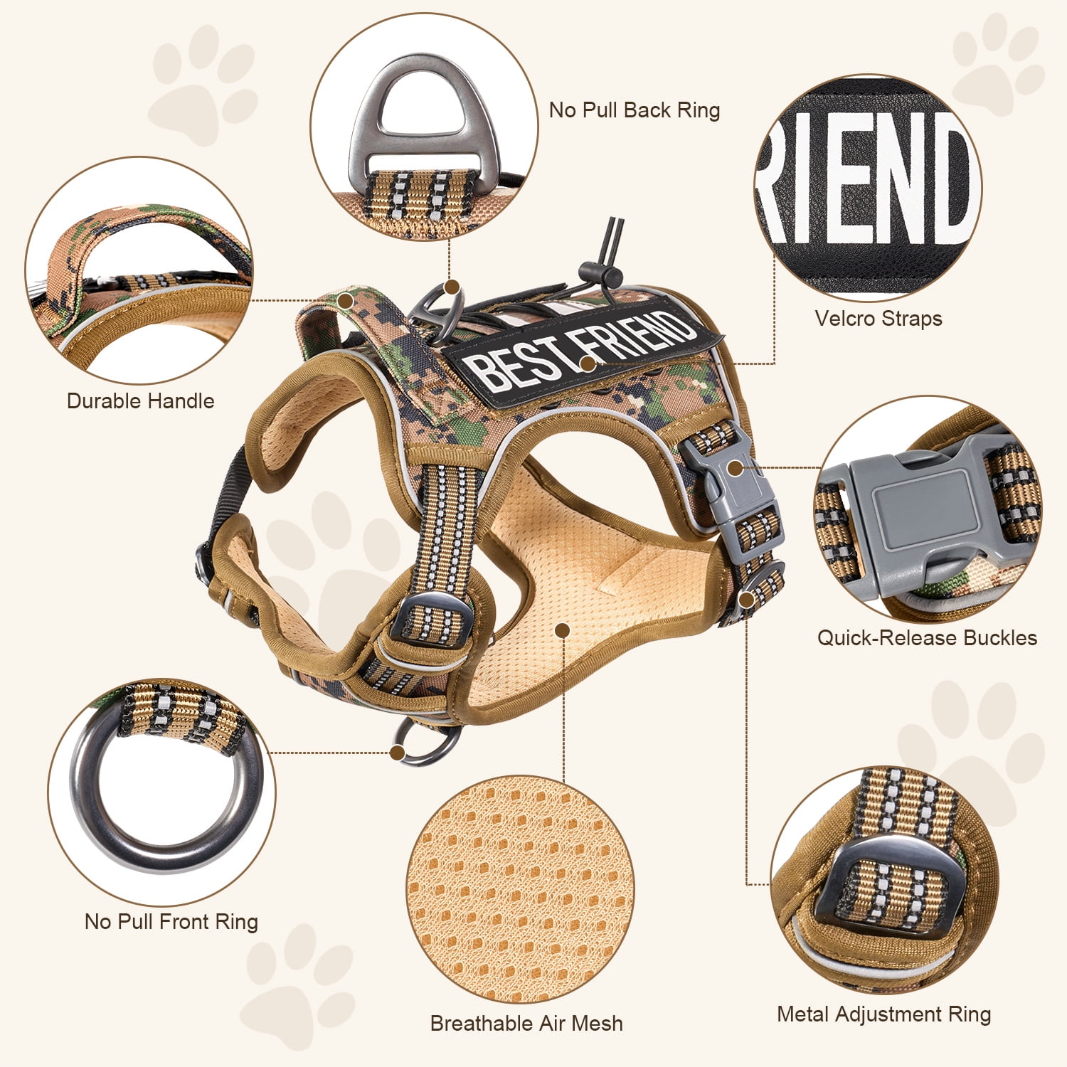 HUTACT Dog Harness, No Pull Harness, No Choke Reflective Vest with Handle, Adjustable Pet Harness for Running Walking, Khaki, Extra Large Size