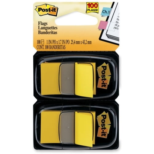 Post-it Flags - 2 Dispensers 100 x Yellow - 1' x 1.75' - Rectangle - Unruled - Yellow - Removable, Self-adhesive - 100 / Pack