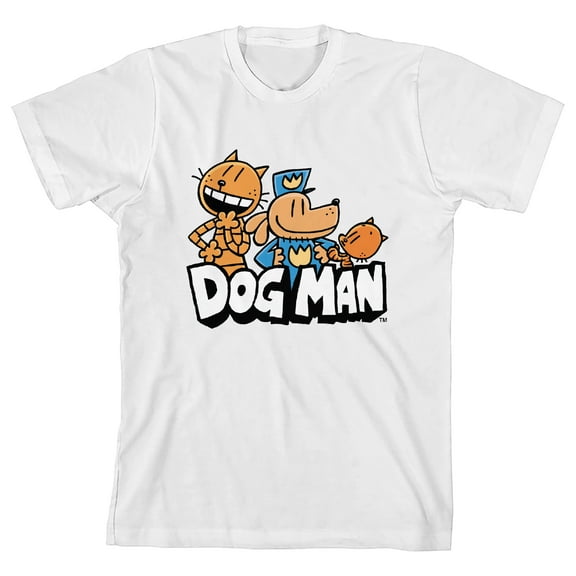 Dog Man Character Logo Youth White Crew Neck Short Sleeve T-shirt-Large