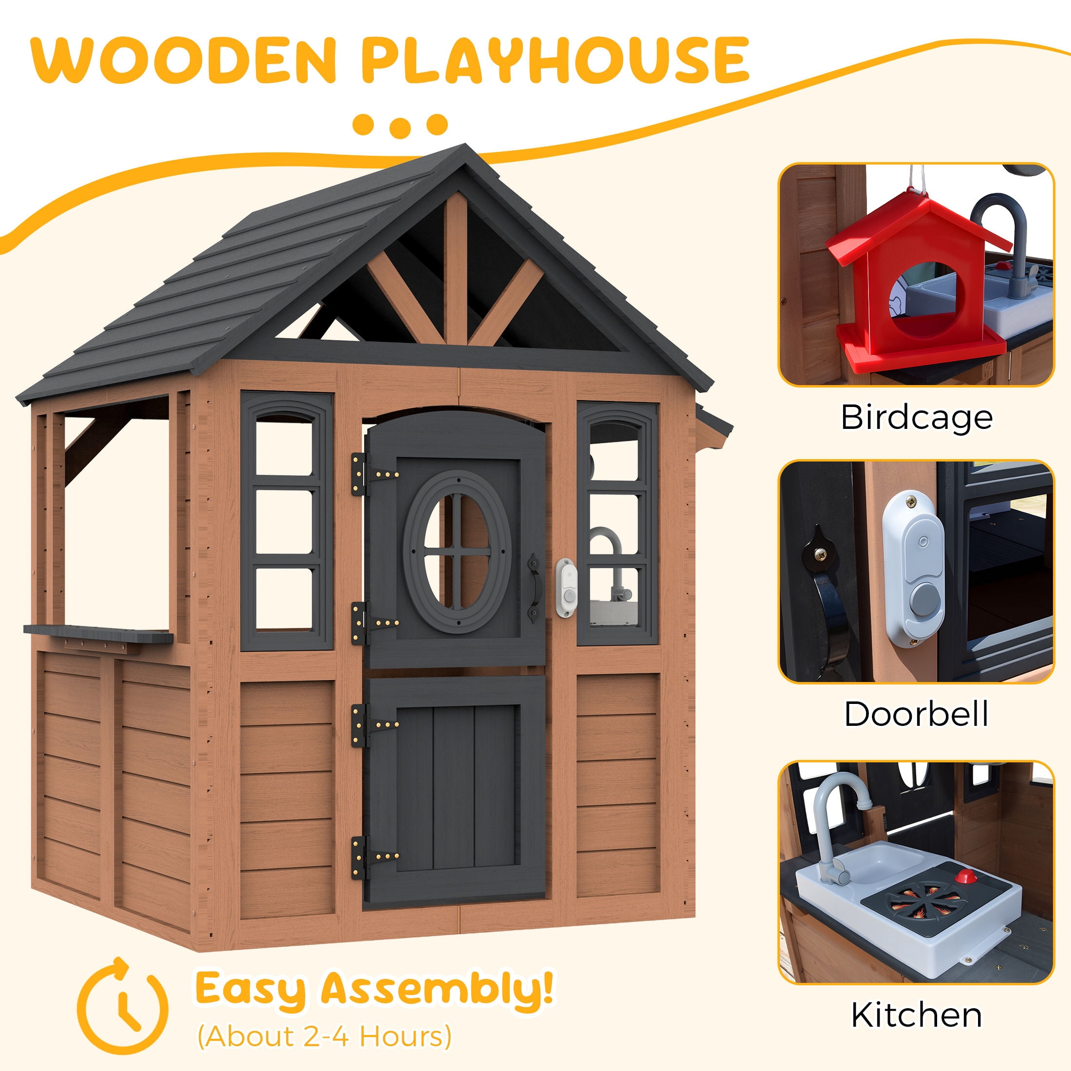 COCLUB Kids Outdoor Playhouse, Wooden Playhouse with Play Kitchen, Working Doorbell, Bird Cage, Pet Door, Backyard Casa de CampañA Para NiñOs Country Style