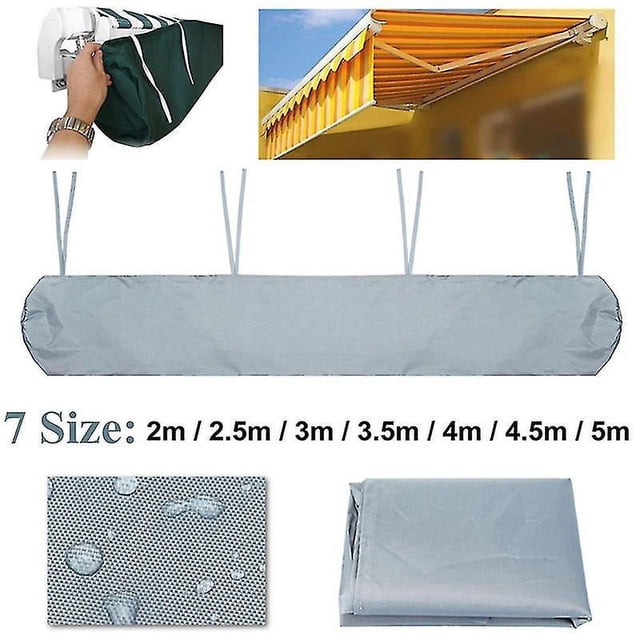 toldo para patio exterior de 4 m, cubierta impermeable, persiana enrollable telescópica, cubierta impermeable, protección contra el polvo Funda protectora gris alargada, vista frontal centrada con cuatro correas superiores para colgar; detalle de tejido con gotas en superficie, versión plegada y ejemplo de toldo enrollable instalado en fachada, adecuada para sombra y protección contra polvo en patios, pérgolas y terrazas.