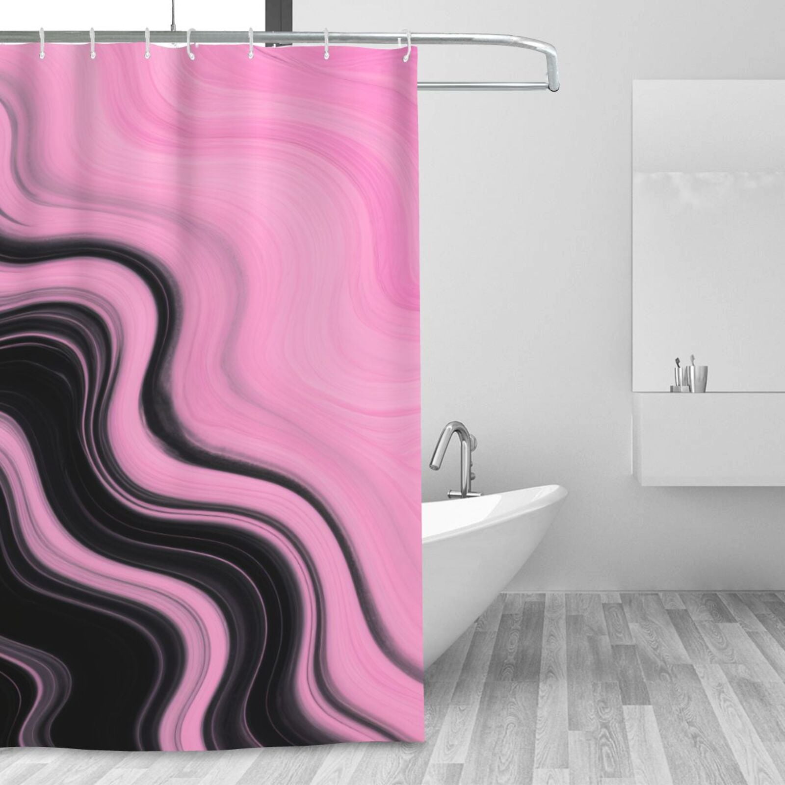 HVEST Pink and Black Wave Shower Curtain with Abstract Black and Pink Geometric Marble Design - Modern Aesthetic Bathroom Decor, Waterproof Polyester Fabric, Includes 12 Hooks, 72x78 Inches