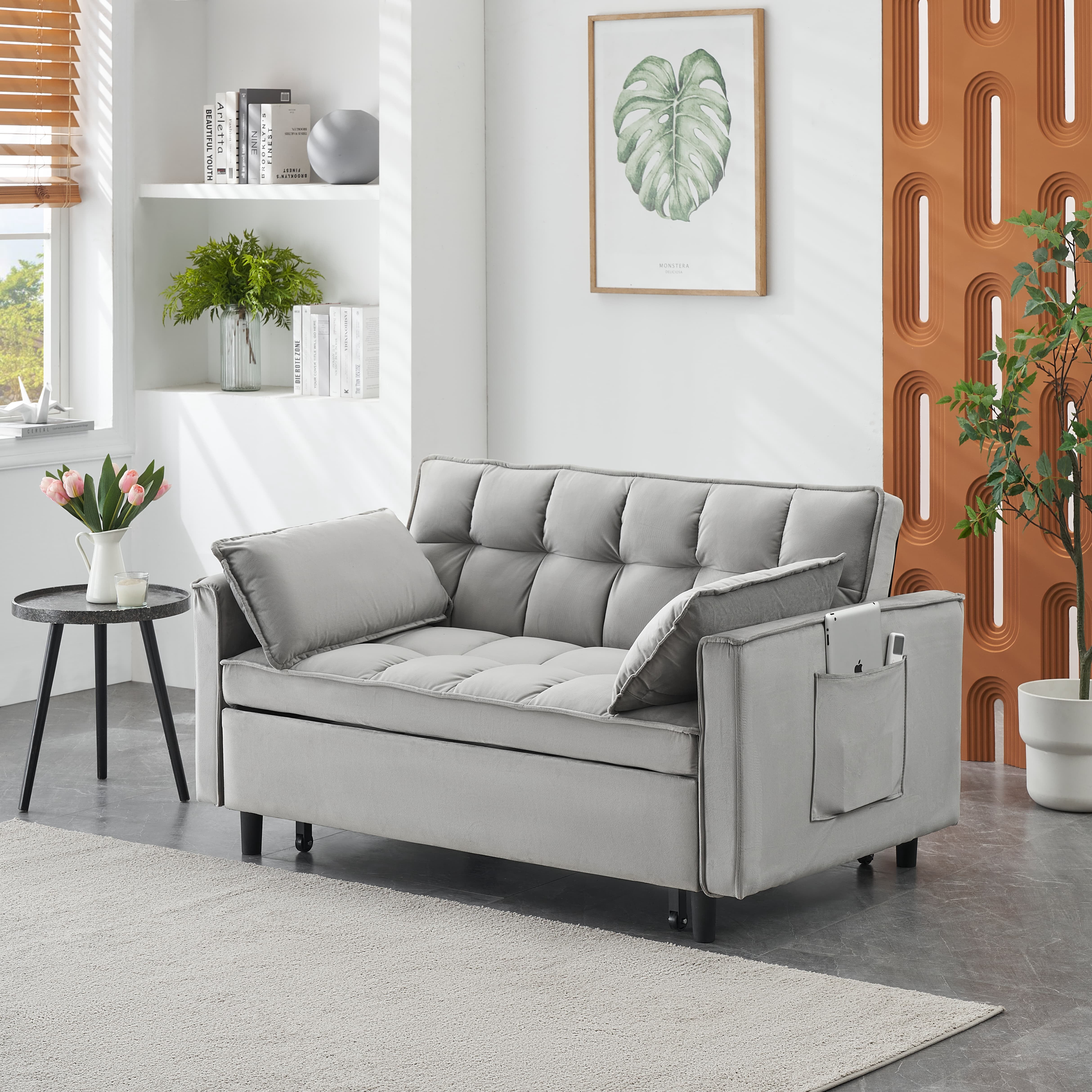 MAYEERTY 3 In 1 Convertible Sleep Sofa Bed, Pull Out Velvet Sleeper Sofa Small Loveseat, for Apartment, Living Room, Small Space, Gray