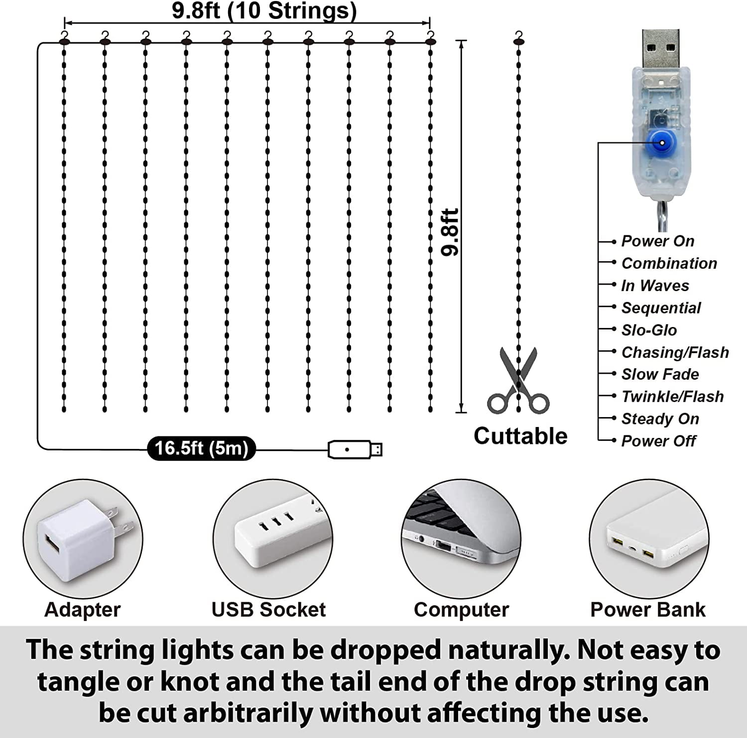 300LED Fairy Blue Curtain Lights, 3Mx3M USB Plug-in String Lights with Remote, 8 Modes for Bedroom, Wedding, Party, Garden, Indoor Outdoor Decor