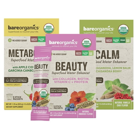 BareOrganics Superfood Water Enhancers Variety Pack, 1.15 Oz, 3 Pack