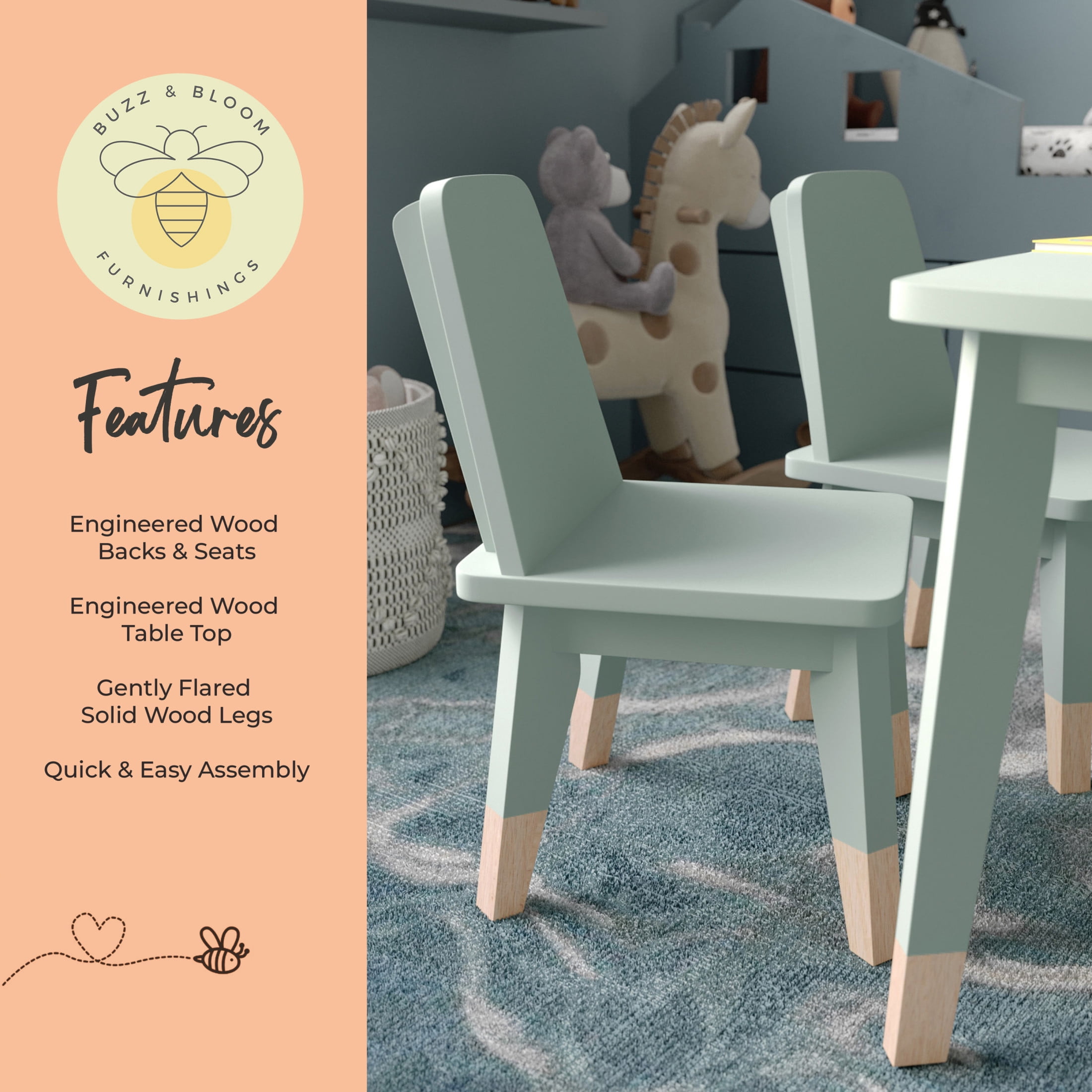 Buzz & Bloom Kids 4-Piece Wood Table, 2 Chairs, and Bench Seating Set with Rounded Corners, Sage/Natural