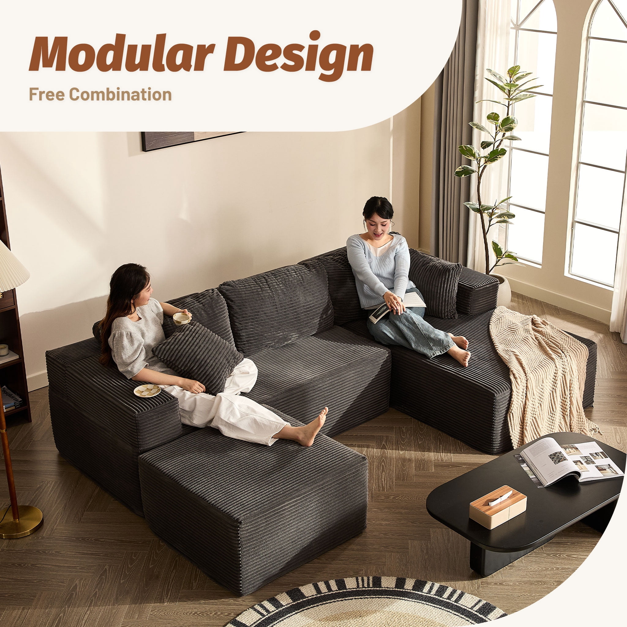 BIGSYY 107" Boneless Couch with Deep Seat, Modular Sectional Sofa, Cloud Sectional Couch for Living Room, No Assembly Required, Corduroy, U-Shape 3 Seater Right, Gray