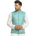 thumbnail image 1 of Men Designers Turquise Blue Nehru Jacket Indian Traditional Bollywood Style Brocade Woven Embellishe, Size: 44, 1 of 5