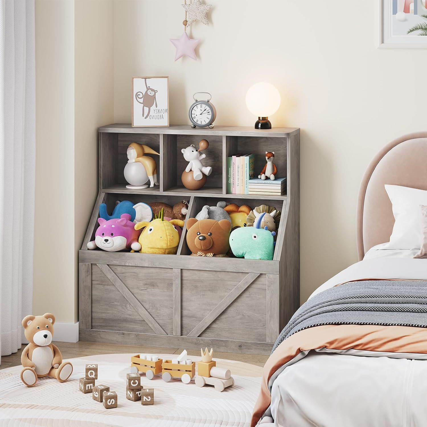 Toy Storage Organizer, Bookshelf and Toy Storage, Toddlers Bookshelf Toy Organizer for Rooms Playroom Bedroom Nursery Daycare, Washed Grey