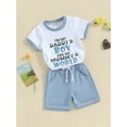 thumbnail image 3 of FEORJGP Little Boy Summer Clothes 3-7Y Kids Round Neck T-Shirt Letter Print Shirt Short Sleeve Tops with Solid Color Shorts Toddler Loose Casual 2Pcs Outfit, 3 of 9