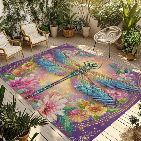 Purple Dragonfly Outdoor Rug for Patio/Deck/Porch, Non-Slip Large Area Rug 5 x 8 Ft, Colorful Flowers Watercolor Chic Floral Plant Indoor Outdoor Rugs Washable Area Rugs, Camping Rug Carpet Runner